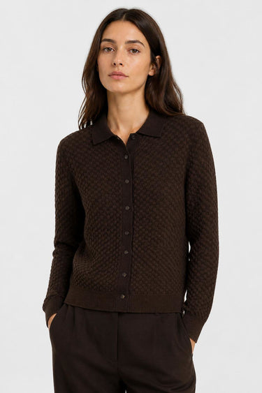 CARDIGAN JACQUARD MOTIVO DAMIER IN LANA E SETA CON COLLO A CAMICIA