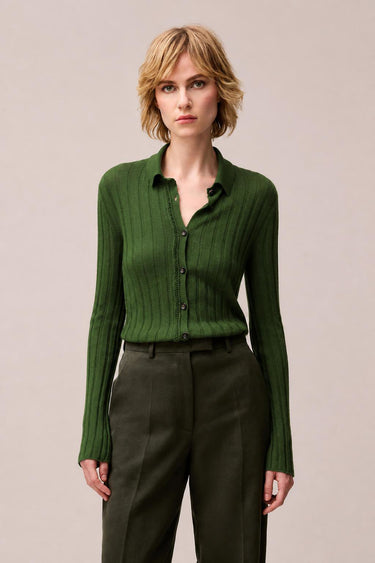 CARDIGAN IN MAGLIA DI CASHMERE LEGGERO A COSTE CON DETTAGLIO UNCINETTO