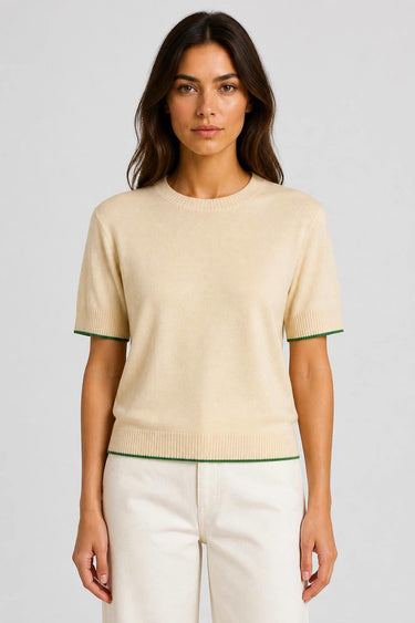 WOOL AND SILK RELAXED TSHIRT WITH CONTRAST COLOR DETAIL