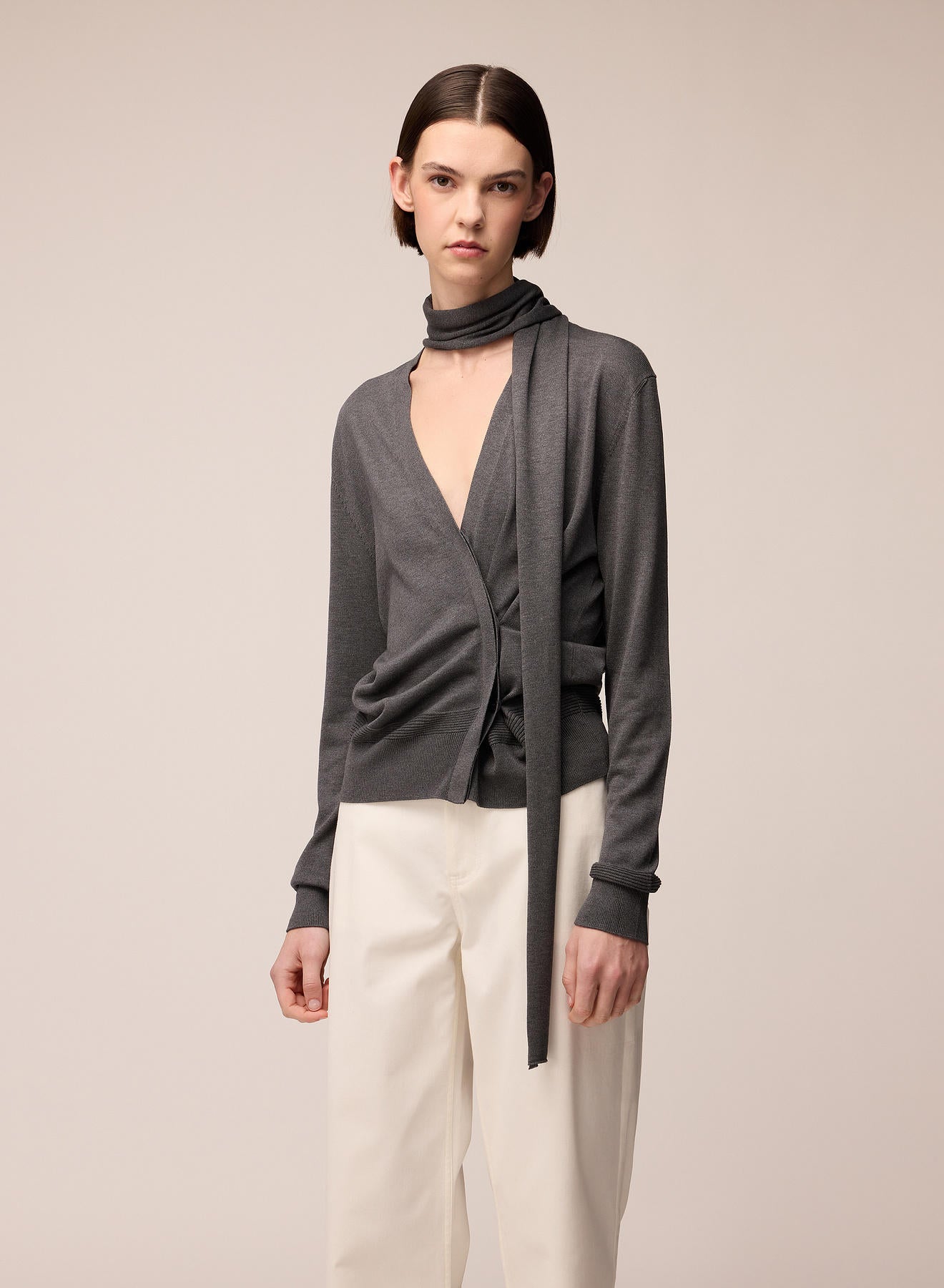 SILK SCARF DETAIL KNIT CARDIGAN
