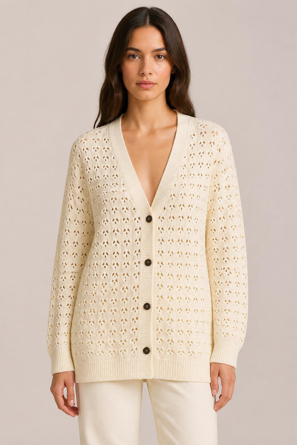 COTTON AND SILK OPENWORK KNIT CARDIGAN