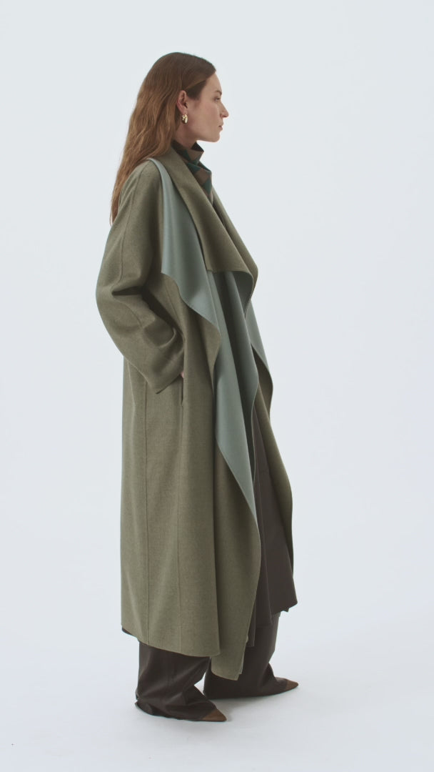 Retori Double Shawl Collar Coat Sage And Grey - Ready To Wear - Luxury Overcoats for Women